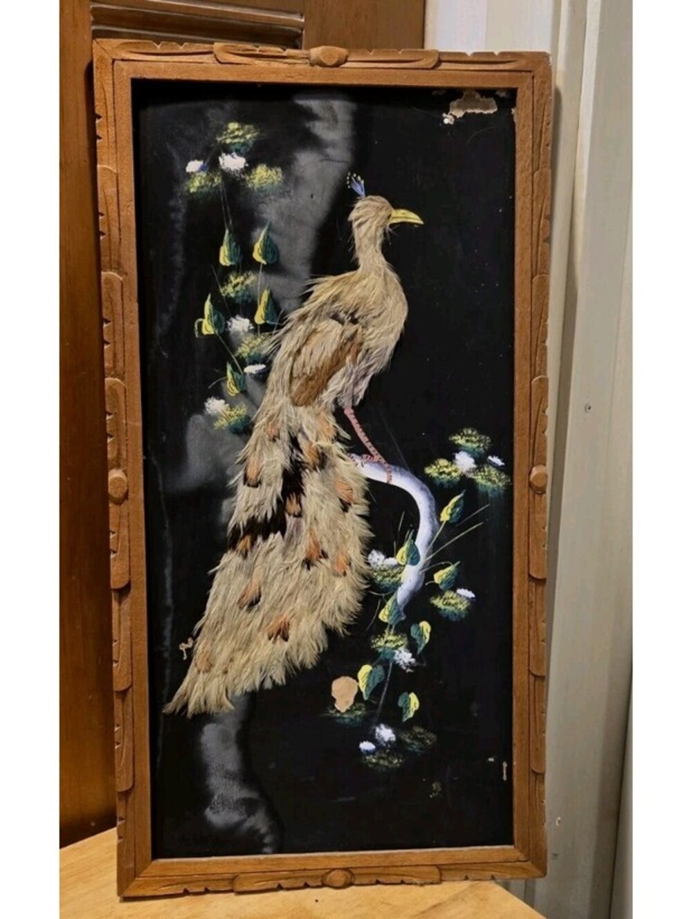 Peacock Bird Feathers on Silk Hand Cut Painted Art  Vintage  21.5X11" Wood Frame